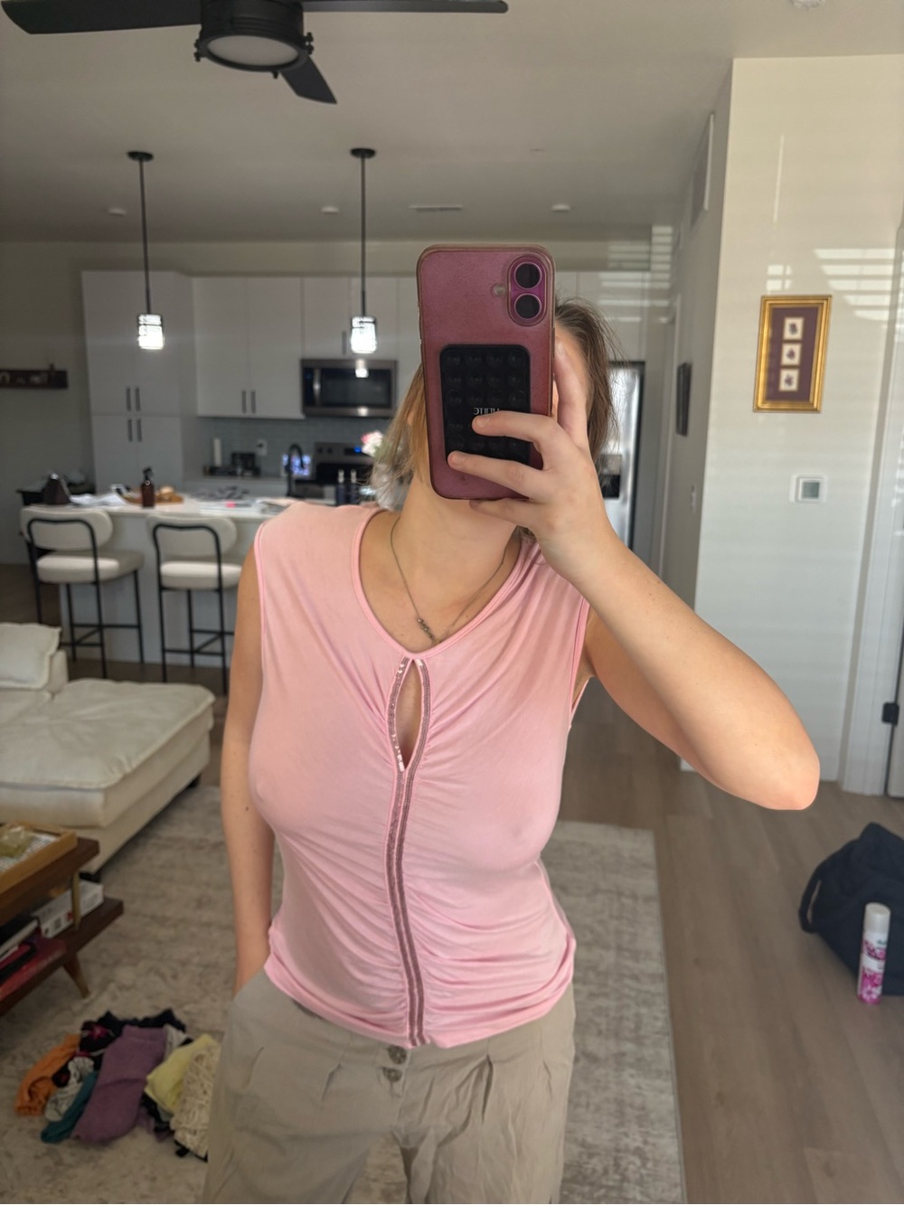 Design History Soft Pink Ruched Keyhole Tank - Picture 3 of 7